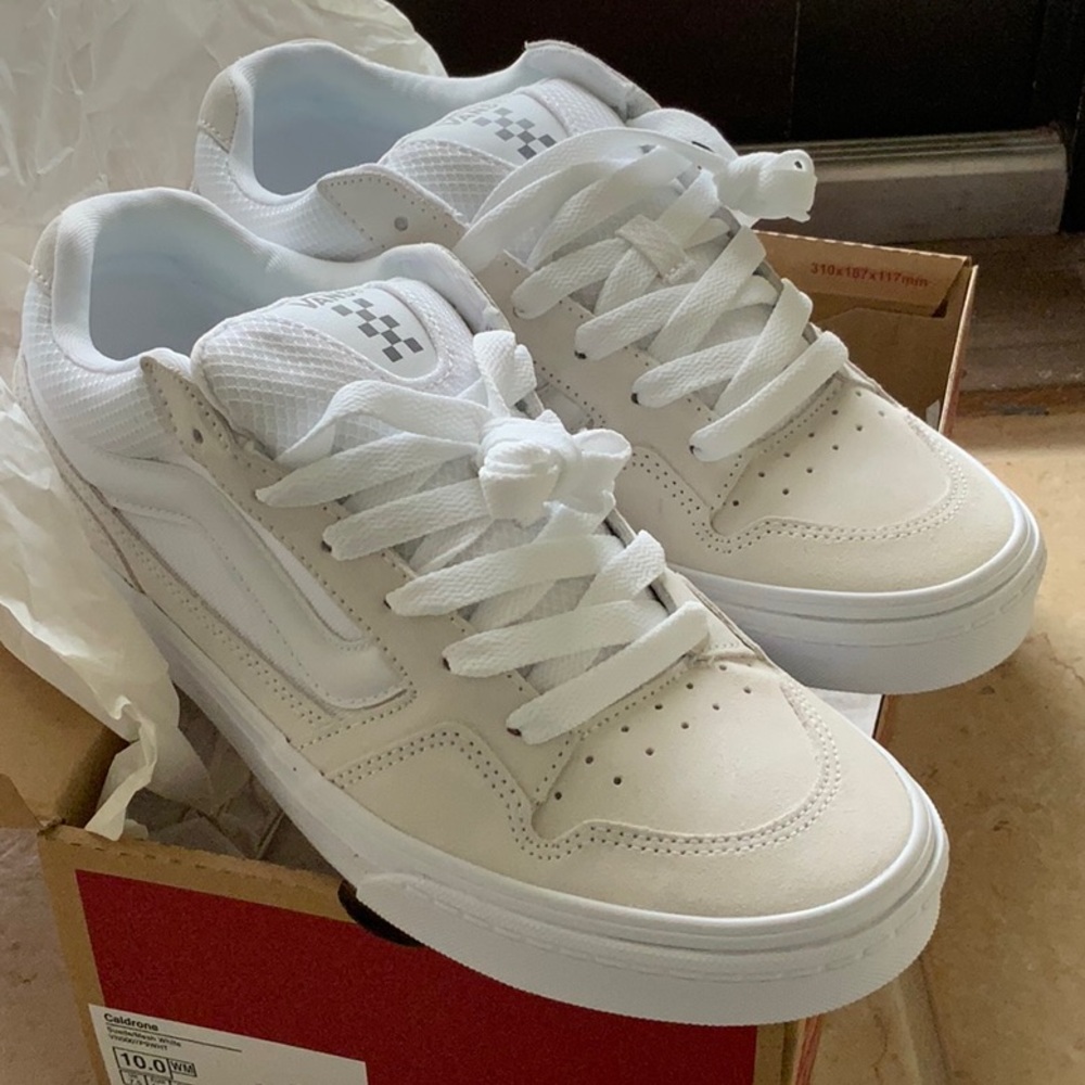 Vans Caldrone Skate Shoes Low Profile Sneakers All White Mesh & Suede Women’s 10